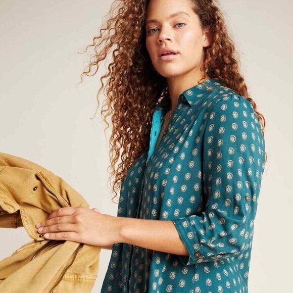 Maeve By Anthropologie Monika Button down Tunic Shirt Top XS Green Longline $128 - Picture 3 of 16
